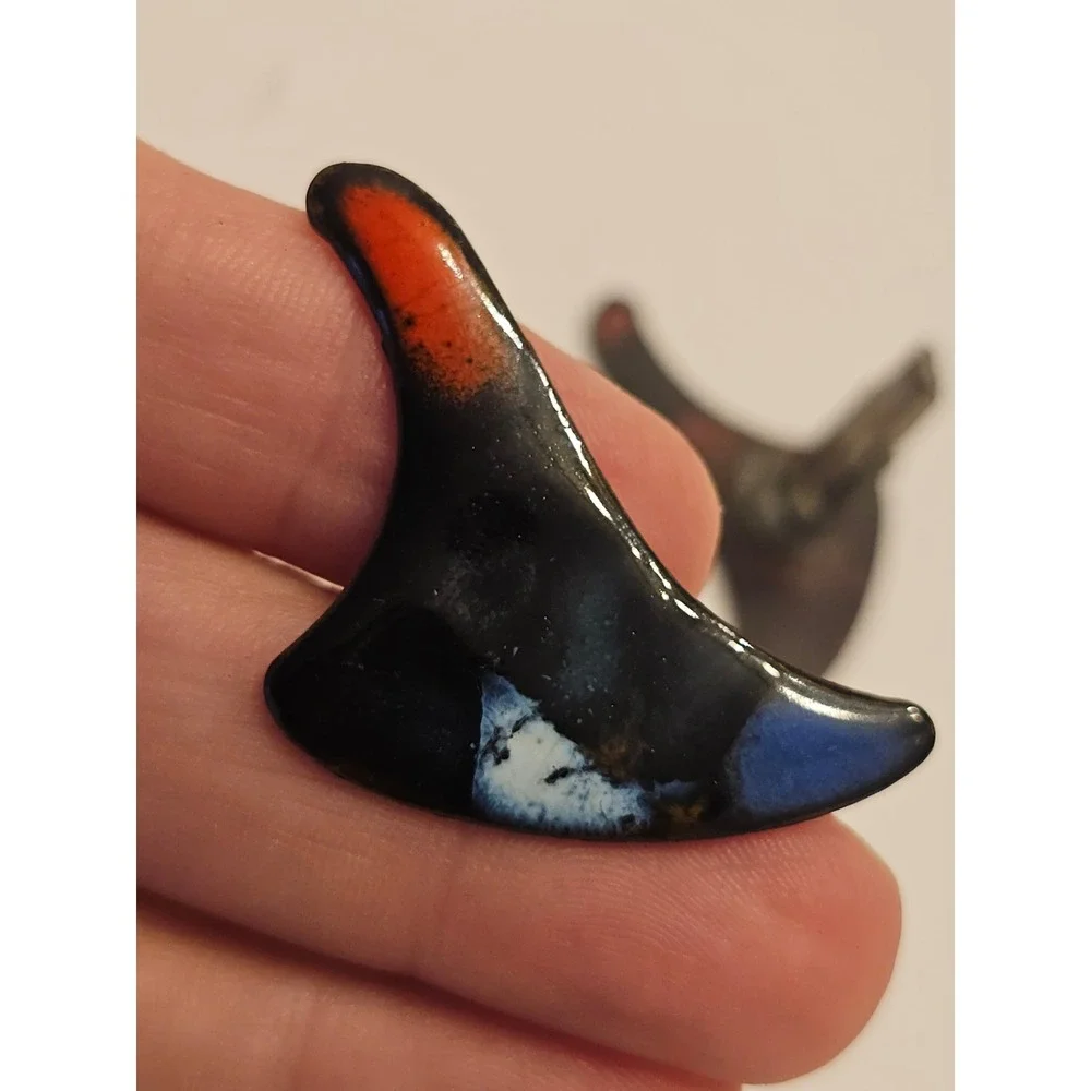 Vintage MCM Enamel Cufflink Tie Clip Set Black Orange Blue Abstract Boomerang